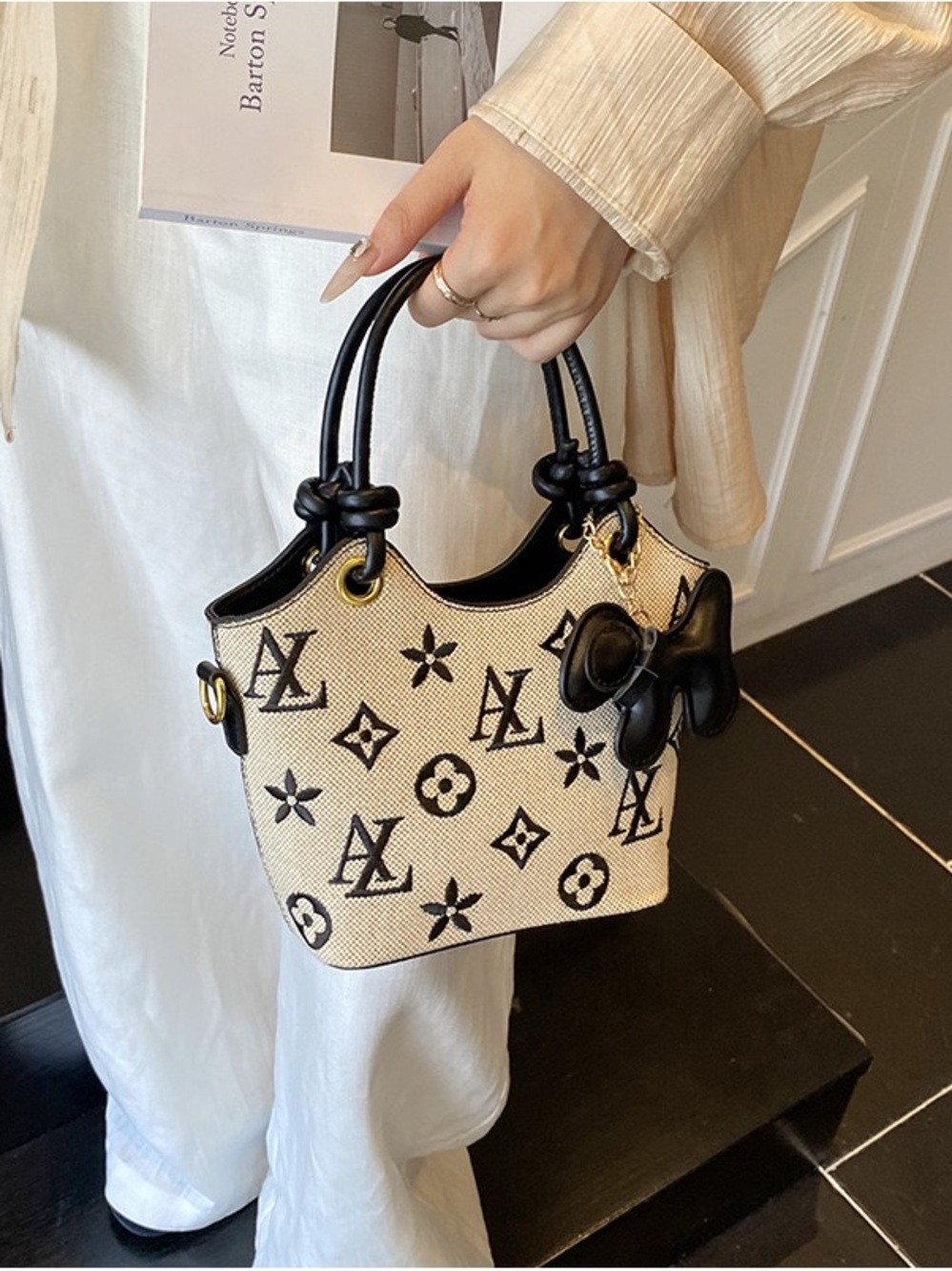 Designer Beige and Black Monogram Canvas Crossbody Bag - Picture 2 of 13